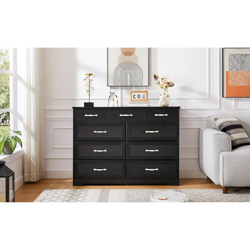Meuble de rangement noir/blanc – Panneau de particules, assemblage à 2 personnes, 9 tiroirs