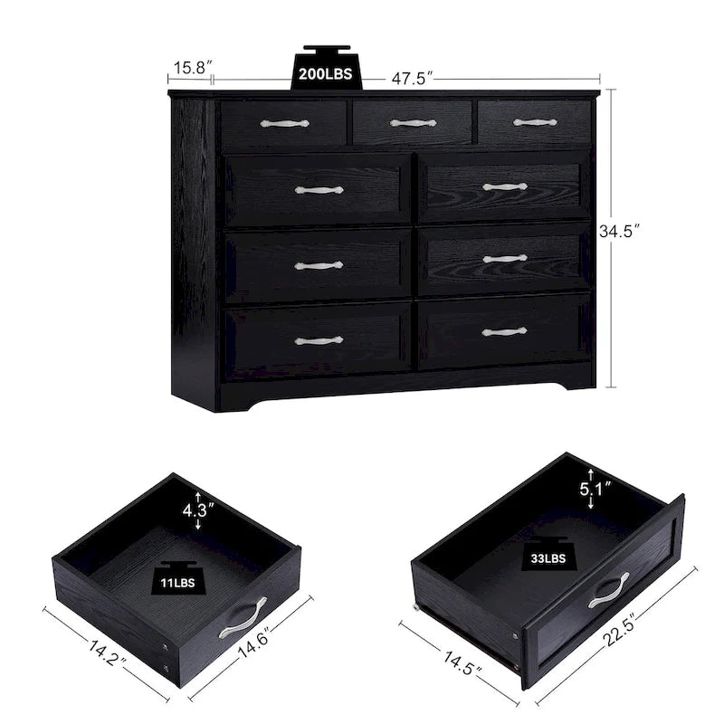 Meuble de rangement noir/blanc – Panneau de particules, assemblage à 2 personnes, 9 tiroirs
