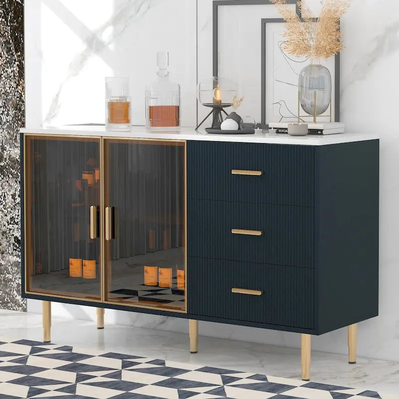 Buffet 4 portes bleu et blanc avec tiroirs