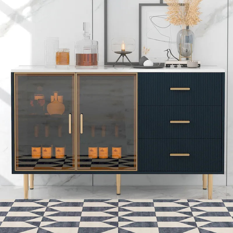 Buffet 4 portes bleu et blanc avec tiroirs