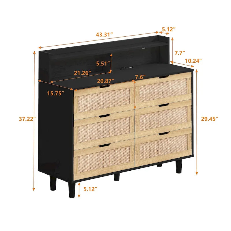 Coiffeuse 6 tiroirs en rotin, avec lumières LED et prise de courant, 1 personne - Noir/Blanc/Naturel