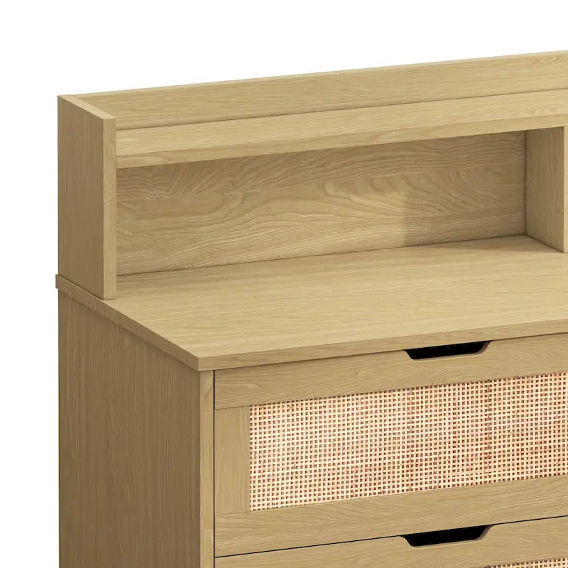 Coiffeuse 6 tiroirs en rotin, avec lumières LED et prise de courant, 1 personne - Noir/Blanc/Naturel