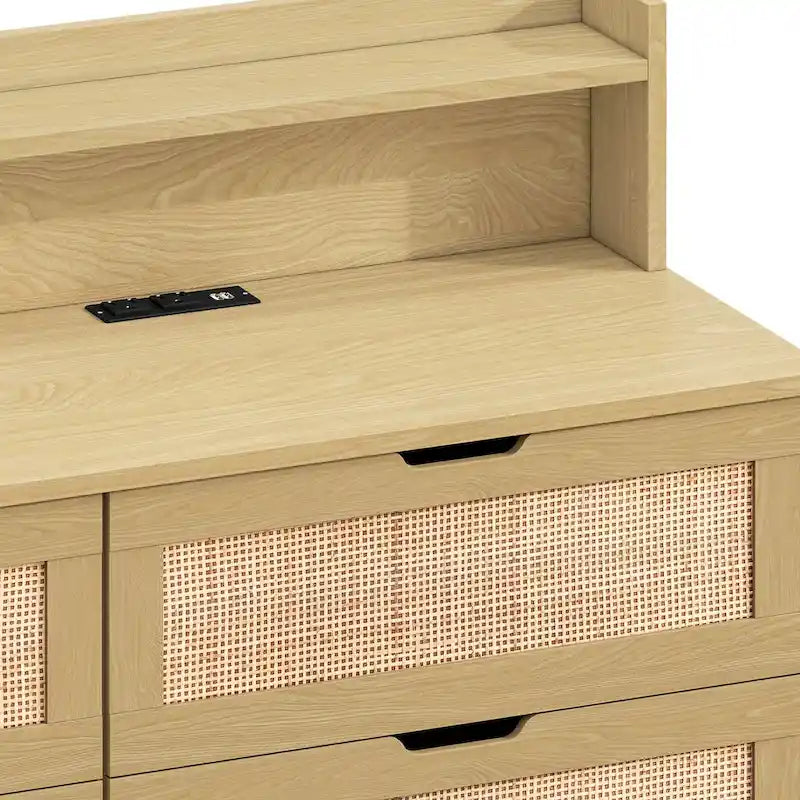 Coiffeuse 6 tiroirs en rotin, avec lumières LED et prise de courant, 1 personne - Noir/Blanc/Naturel
