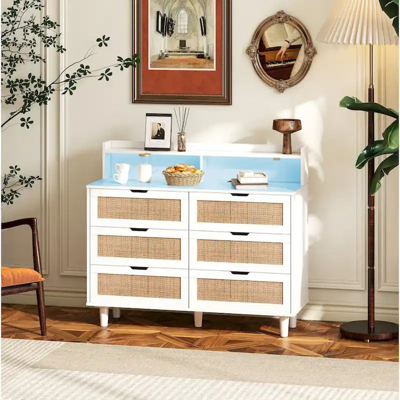 Coiffeuse 6 tiroirs en rotin, avec lumières LED et prise de courant, 1 personne - Noir/Blanc/Naturel