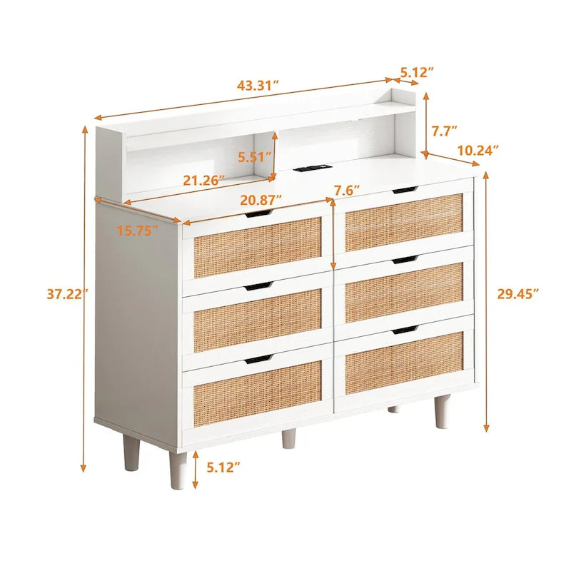 Coiffeuse 6 tiroirs en rotin, avec lumières LED et prise de courant, 1 personne - Noir/Blanc/Naturel