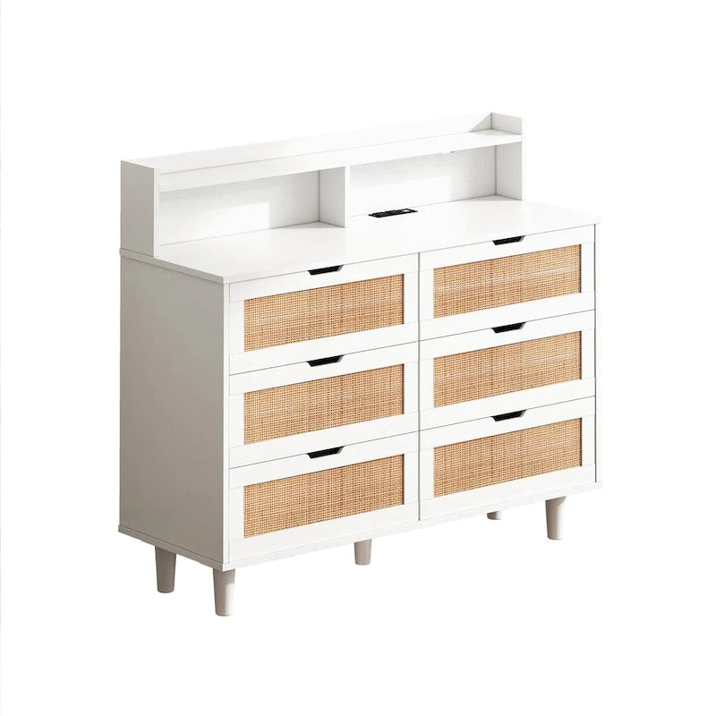 Coiffeuse 6 tiroirs en rotin, avec lumières LED et prise de courant, 1 personne - Noir/Blanc/Naturel