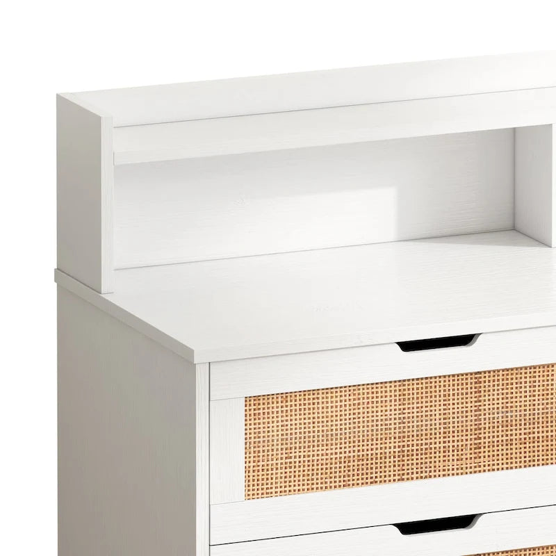 Coiffeuse 6 tiroirs en rotin, avec lumières LED et prise de courant, 1 personne - Noir/Blanc/Naturel