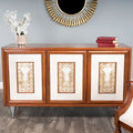 Buffet en cuir marron et coquille de capiz, meuble de rangement à 2 portes