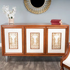 Buffet en cuir marron et coquille de capiz, meuble de rangement à 2 portes