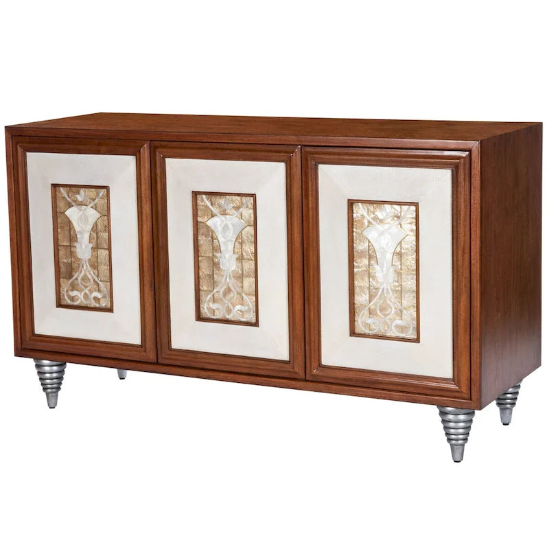 Buffet en cuir marron et coquille de capiz, meuble de rangement à 2 portes