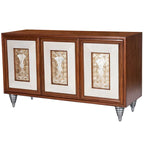 Buffet en cuir marron et coquille de capiz, meuble de rangement à 2 portes