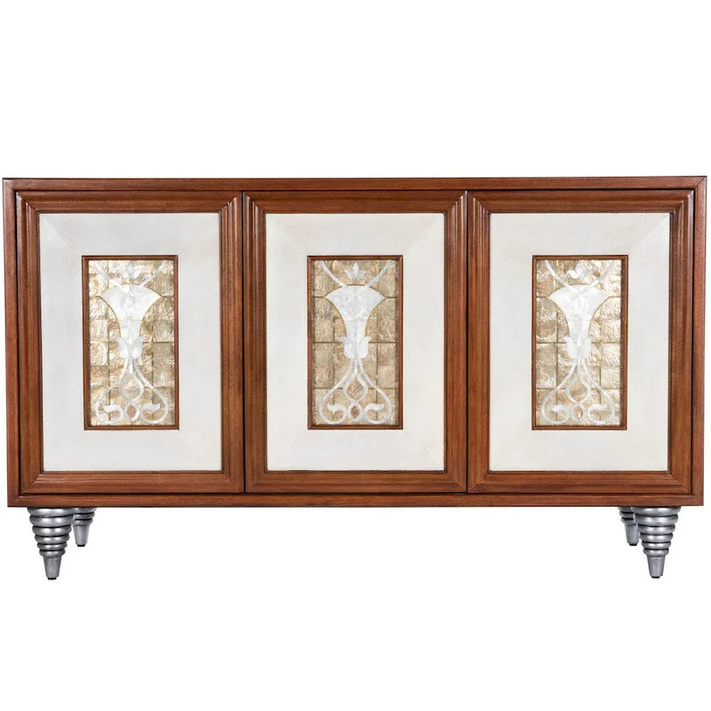 Buffet en cuir marron et coquille de capiz, meuble de rangement à 2 portes