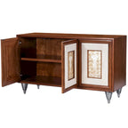 Buffet en cuir marron et coquille de capiz, meuble de rangement à 2 portes