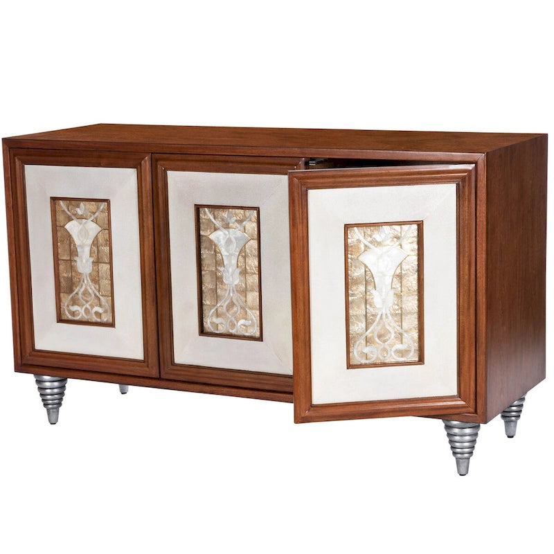 Buffet en cuir marron et coquille de capiz, meuble de rangement à 2 portes