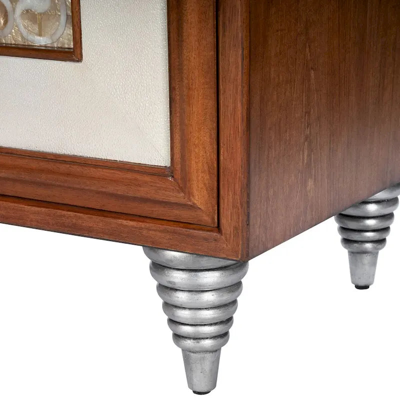 Buffet en cuir marron et coquille de capiz, meuble de rangement à 2 portes