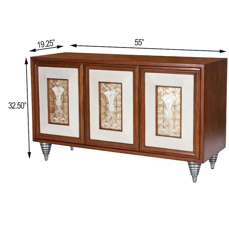 Buffet en cuir marron et coquille de capiz, meuble de rangement à 2 portes