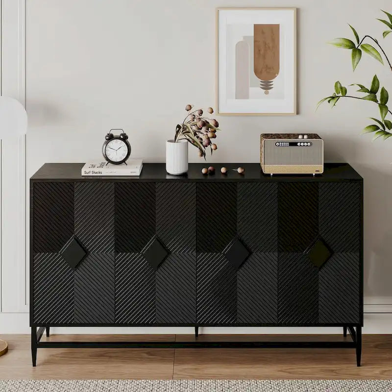 Meuble de rangement noir à 2 niveaux et 4 portes