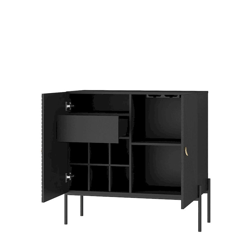 Buffet de cuisine noir avec tiroirs, 2 armoires et casier à vin pour 6 bouteilles