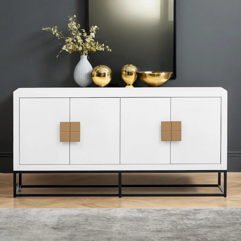 Meuble de rangement à 4 portes avec étagères réglables et pieds en fer, blanc / bleu marine / noir