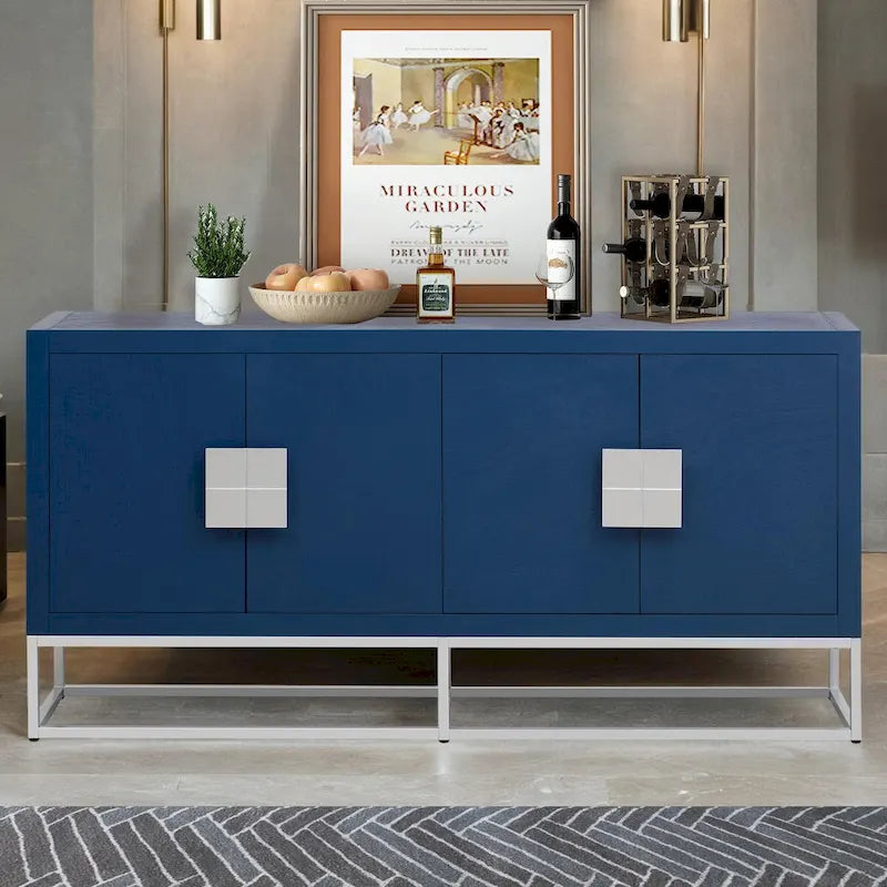 Meuble de rangement à 4 portes avec étagères réglables et pieds en fer, blanc / bleu marine / noir