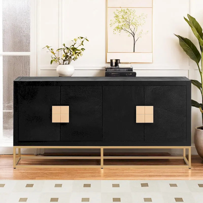 Meuble de rangement à 4 portes avec étagères réglables et pieds en fer, blanc / bleu marine / noir