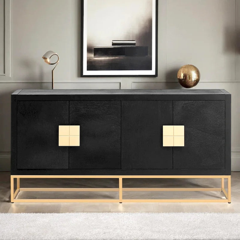 Meuble de rangement à 4 portes avec étagères réglables et pieds en fer, blanc / bleu marine / noir