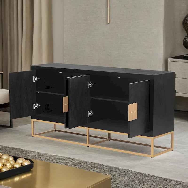Meuble de rangement à 4 portes avec étagères réglables et pieds en fer, blanc / bleu marine / noir