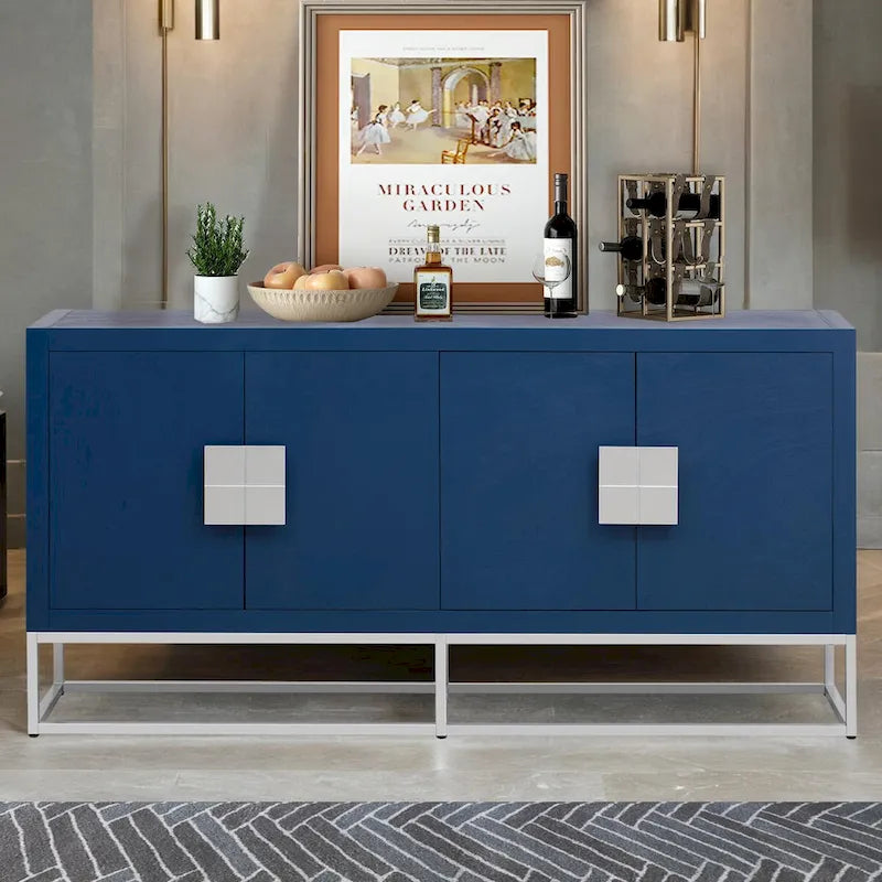 Meuble de rangement à 4 portes avec étagères réglables et pieds en fer, blanc / bleu marine / noir