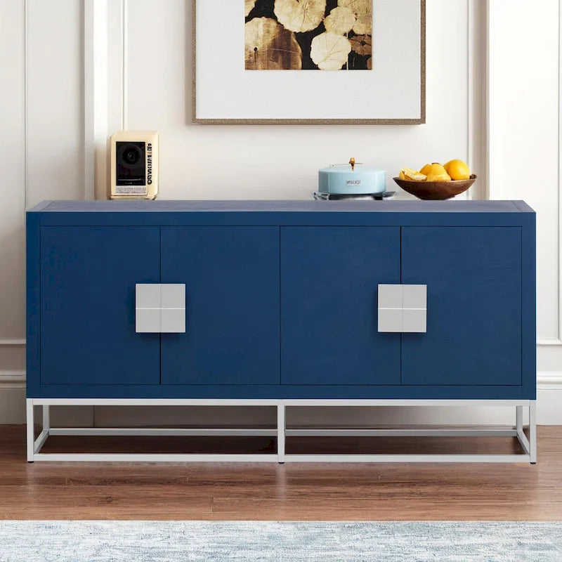 Meuble de rangement à 4 portes avec étagères réglables et pieds en fer, blanc / bleu marine / noir