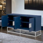 Meuble de rangement à 4 portes avec étagères réglables et pieds en fer, blanc / bleu marine / noir