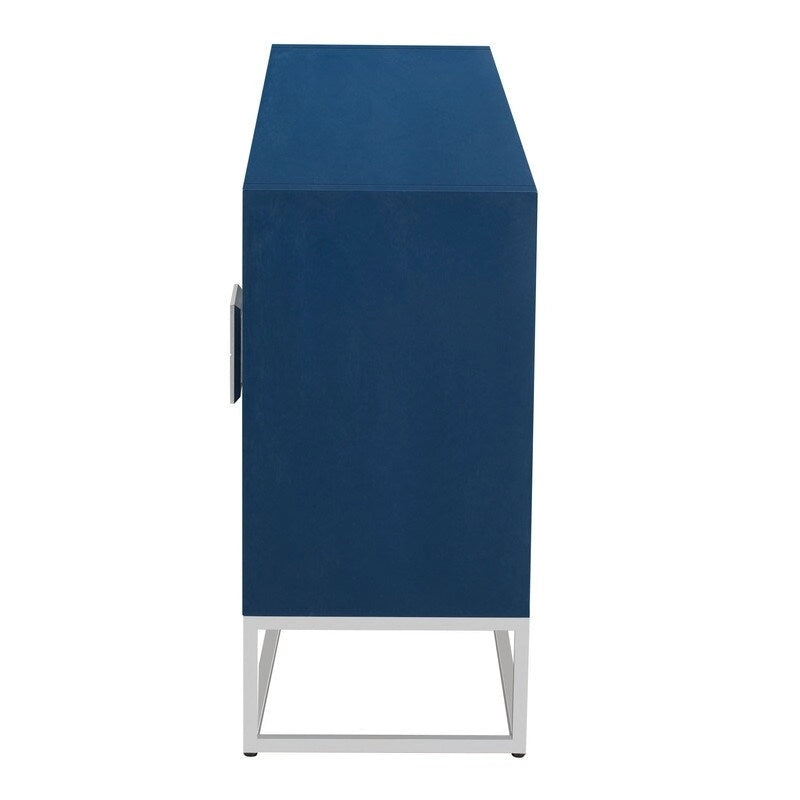Meuble de rangement à 4 portes avec étagères réglables et pieds en fer, blanc / bleu marine / noir