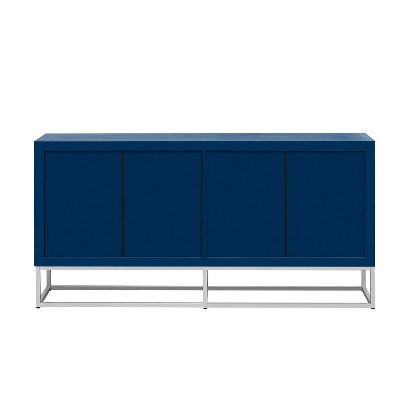 Meuble de rangement à 4 portes avec étagères réglables et pieds en fer, blanc / bleu marine / noir