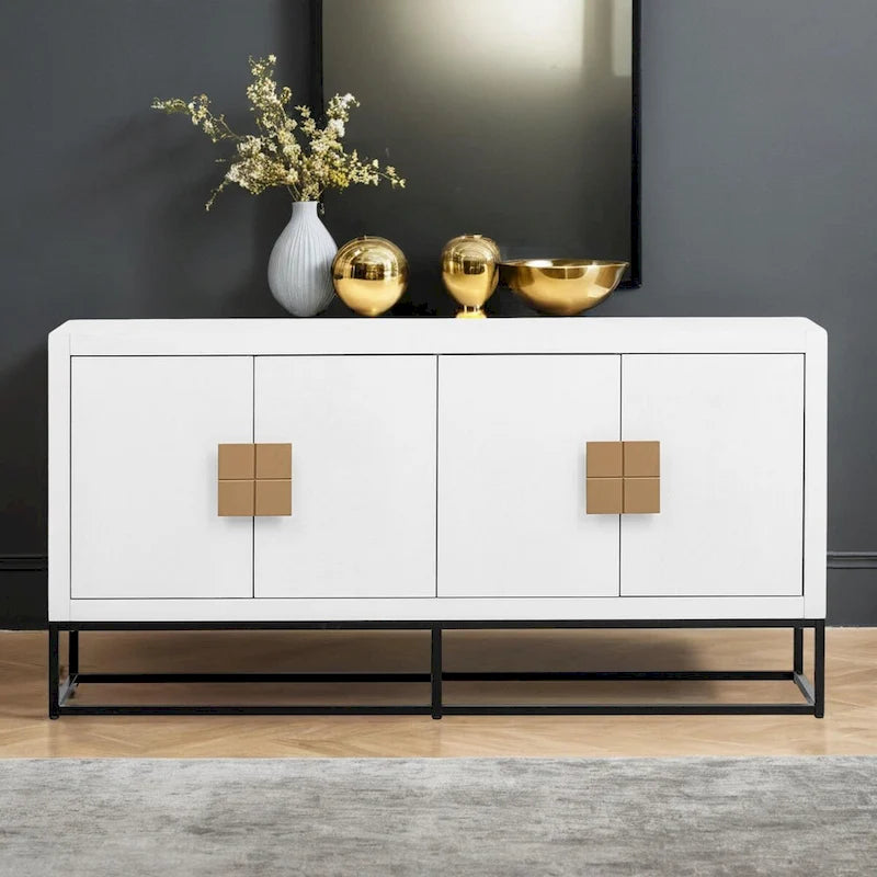 Meuble de rangement à 4 portes avec étagères réglables et pieds en fer, blanc / bleu marine / noir
