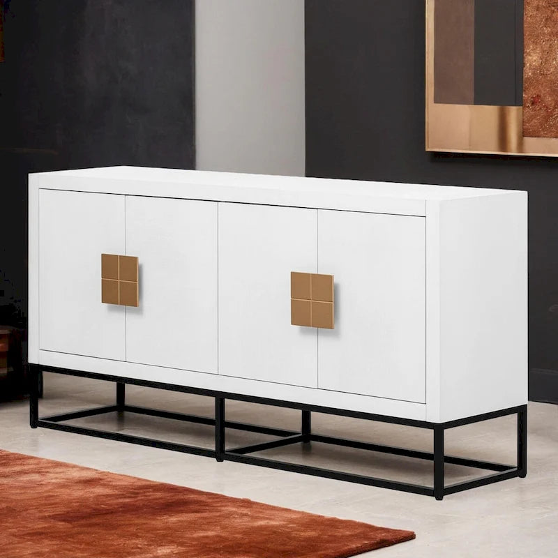 Meuble de rangement à 4 portes avec étagères réglables et pieds en fer, blanc / bleu marine / noir
