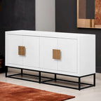 Meuble de rangement à 4 portes avec étagères réglables et pieds en fer, blanc / bleu marine / noir