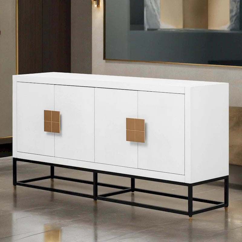 Meuble de rangement à 4 portes avec étagères réglables et pieds en fer, blanc / bleu marine / noir