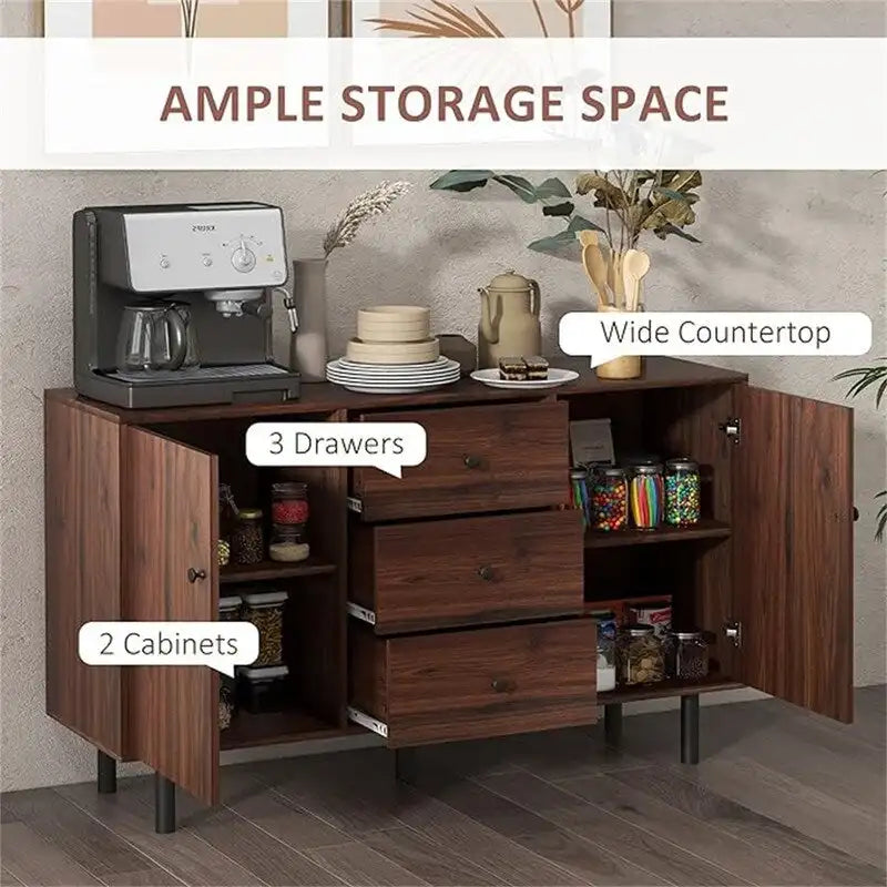 Buffet rustique marron avec 3 tiroirs et 2 placards