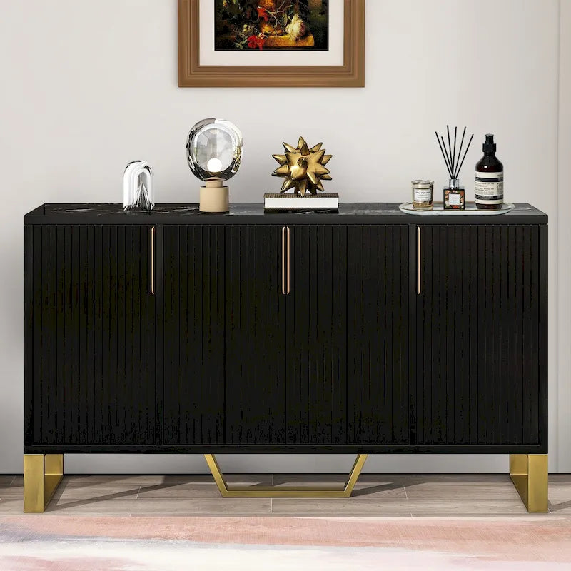 Buffet moderne en bois blanc/noir avec plateau aspect marbre — 3 portes, utilisation 1 à 2 personnes