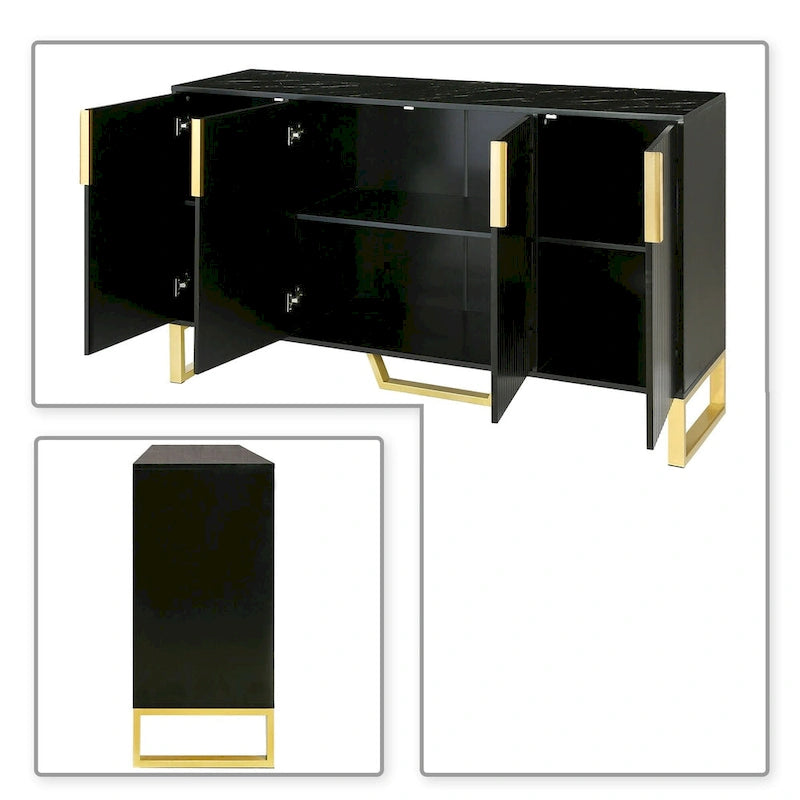Buffet moderne en bois blanc/noir avec plateau aspect marbre — 3 portes, utilisation 1 à 2 personnes