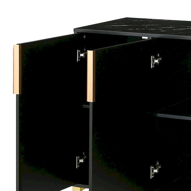 Buffet moderne en bois blanc/noir avec plateau aspect marbre — 3 portes, utilisation 1 à 2 personnes