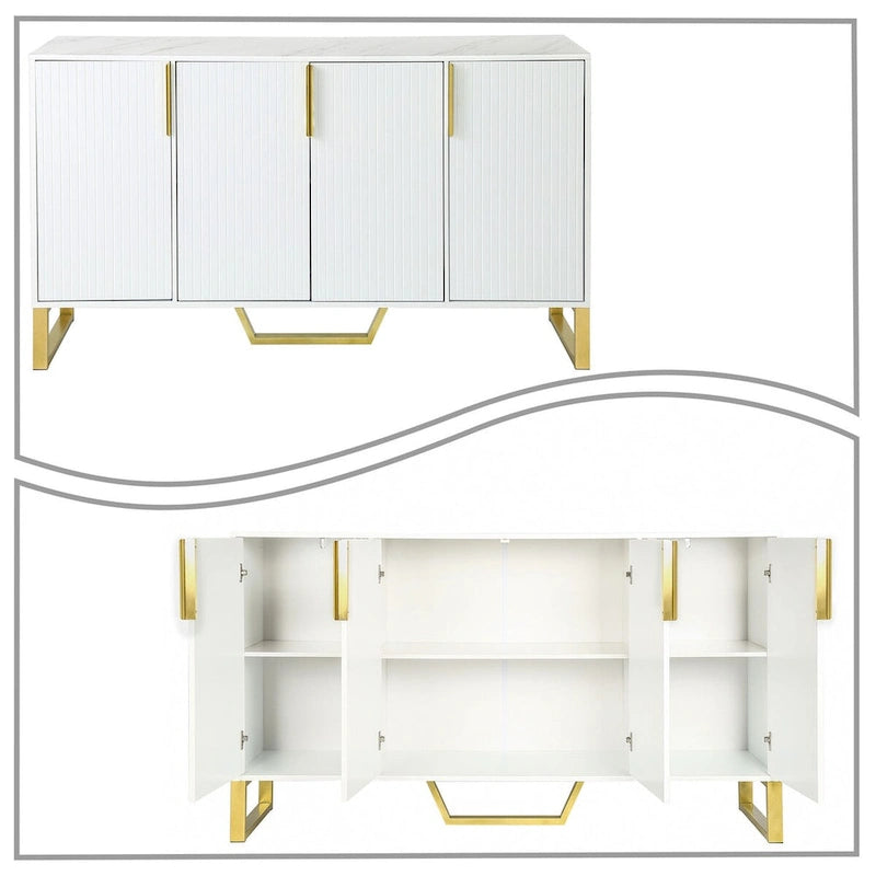 Buffet moderne en bois blanc/noir avec plateau aspect marbre — 3 portes, utilisation 1 à 2 personnes
