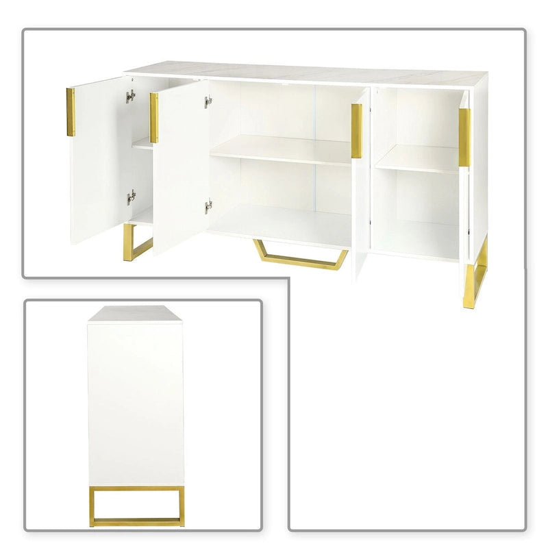 Buffet moderne en bois blanc/noir avec plateau aspect marbre — 3 portes, utilisation 1 à 2 personnes