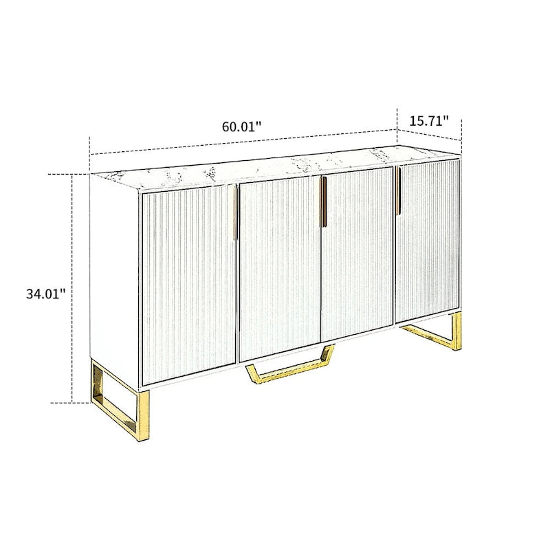 Buffet moderne en bois blanc/noir avec plateau aspect marbre — 3 portes, utilisation 1 à 2 personnes