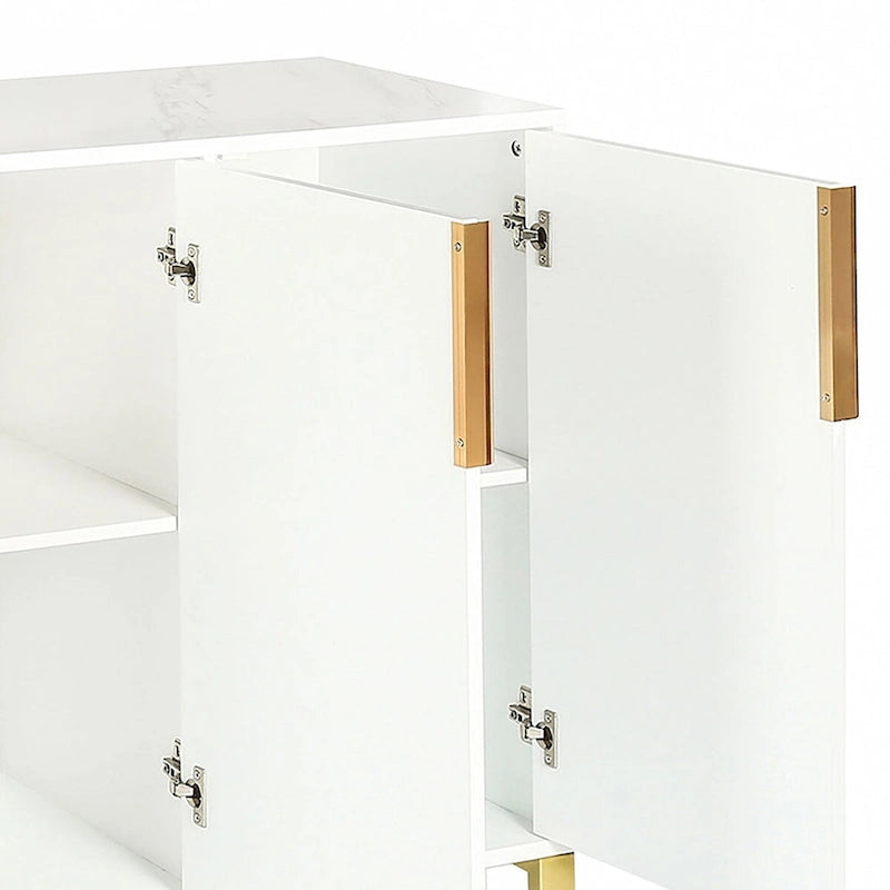 Buffet moderne en bois blanc/noir avec plateau aspect marbre — 3 portes, utilisation 1 à 2 personnes
