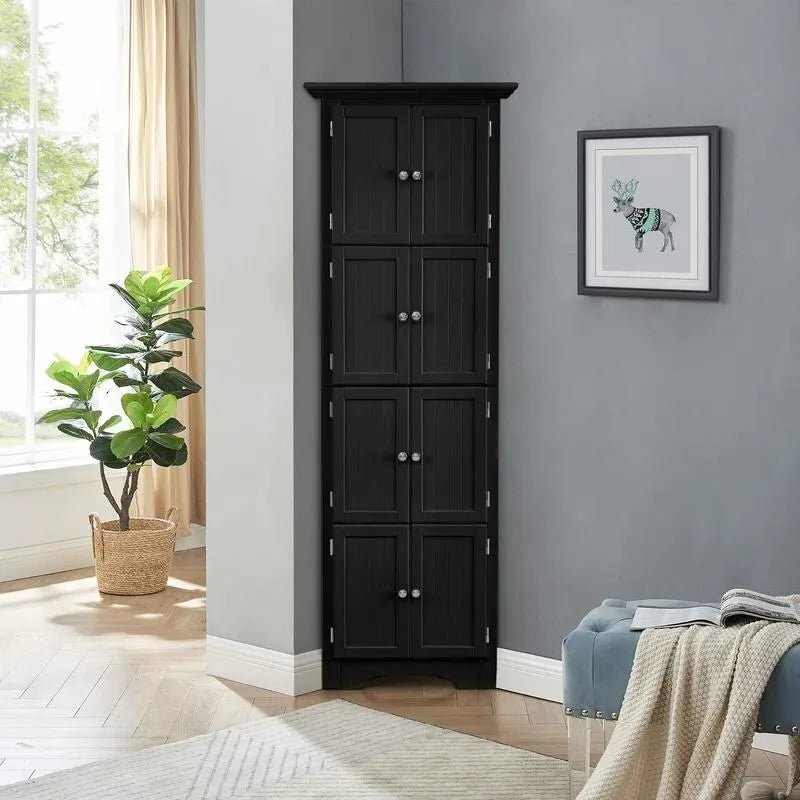 Armoire de rangement haute avec portes – Blanc/Noir, 4 étagères, 2 portes