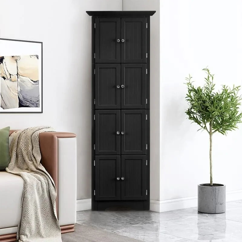Armoire de rangement haute avec portes – Blanc/Noir, 4 étagères, 2 portes