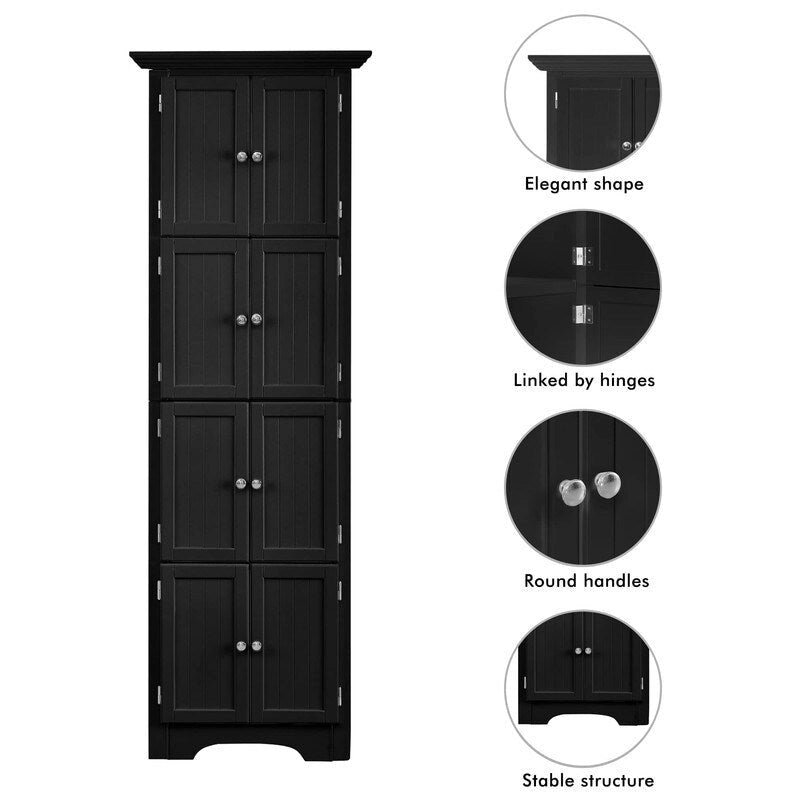 Armoire de rangement haute avec portes – Blanc/Noir, 4 étagères, 2 portes
