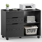 Meuble de rangement mobile rustique marron/noir/blanc avec 3 tiroirs et 2 étagères ouvertes – Utilisateur unique