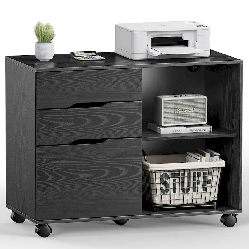 Meuble de rangement mobile rustique marron/noir/blanc avec 3 tiroirs et 2 étagères ouvertes – Utilisateur unique