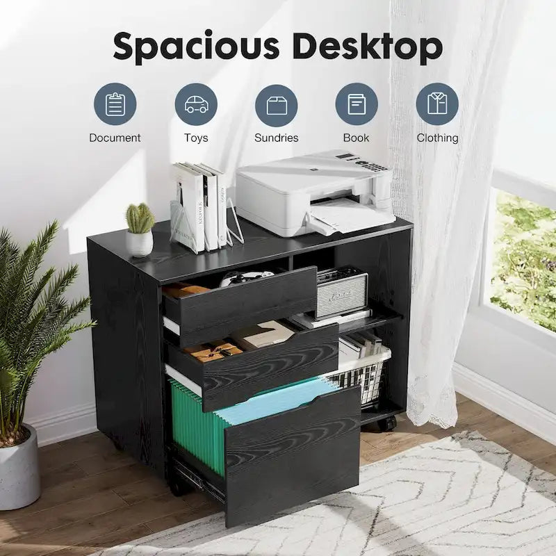 Meuble de rangement mobile rustique marron/noir/blanc avec 3 tiroirs et 2 étagères ouvertes – Utilisateur unique